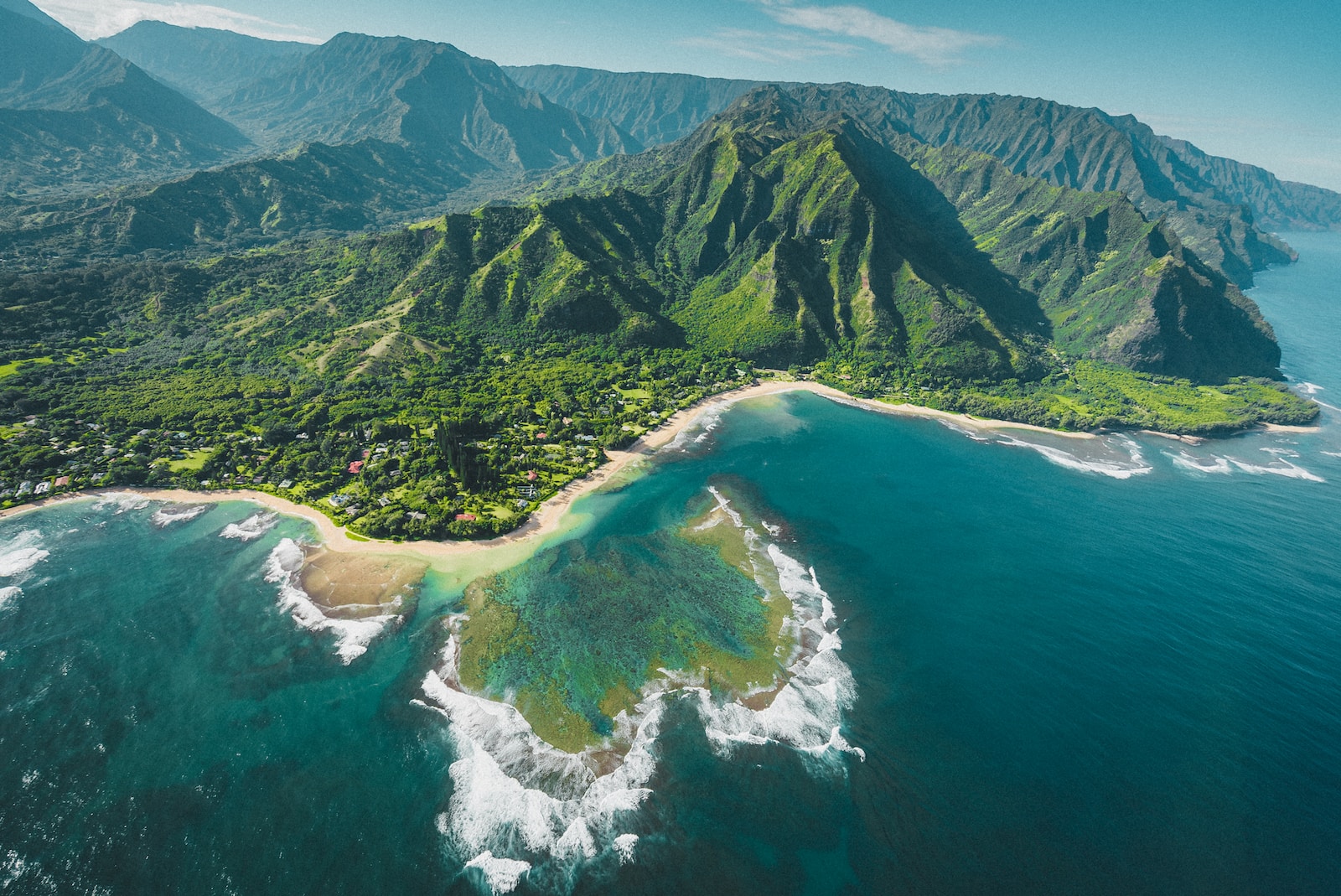 Hawaii five o, aerial view of green and brown mountains and lake